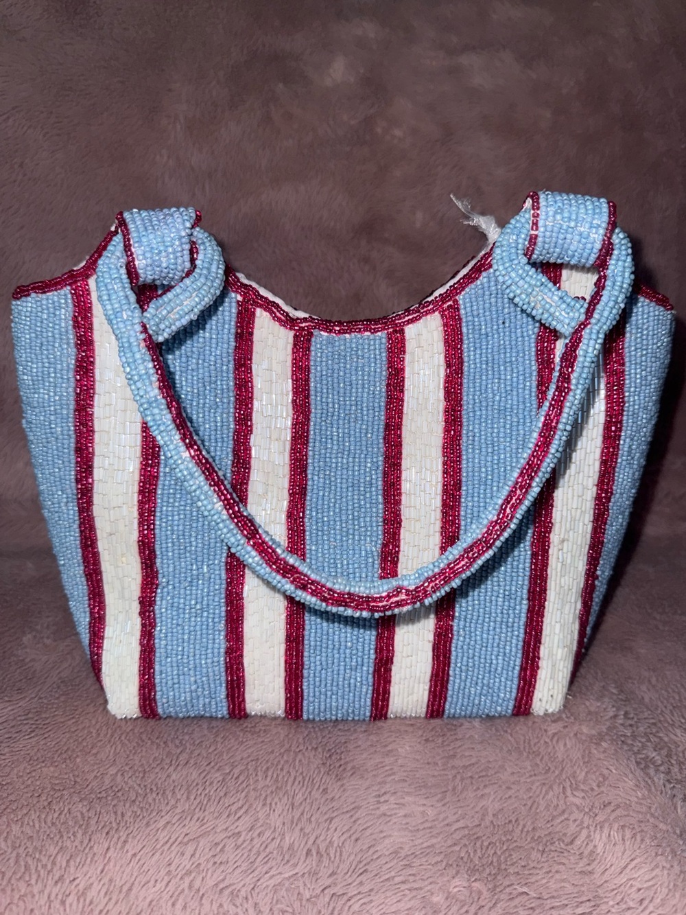 NWT Viral Striped Blue, White & Pink Beaded Tote Shoulder Bag - Picture 2 of 12